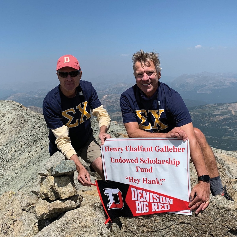 MILE HI: Scott Aiken ‘83 and Jay Snouffer ‘83 decked out in their Sigma Chi shirts at the top of Mount Massive.