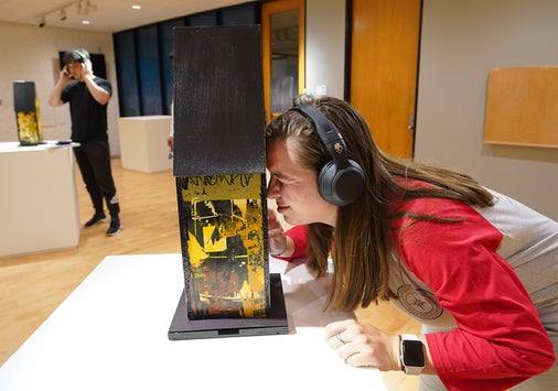 Students interacting with the About Ourselves/Inside Ourselves exhibit